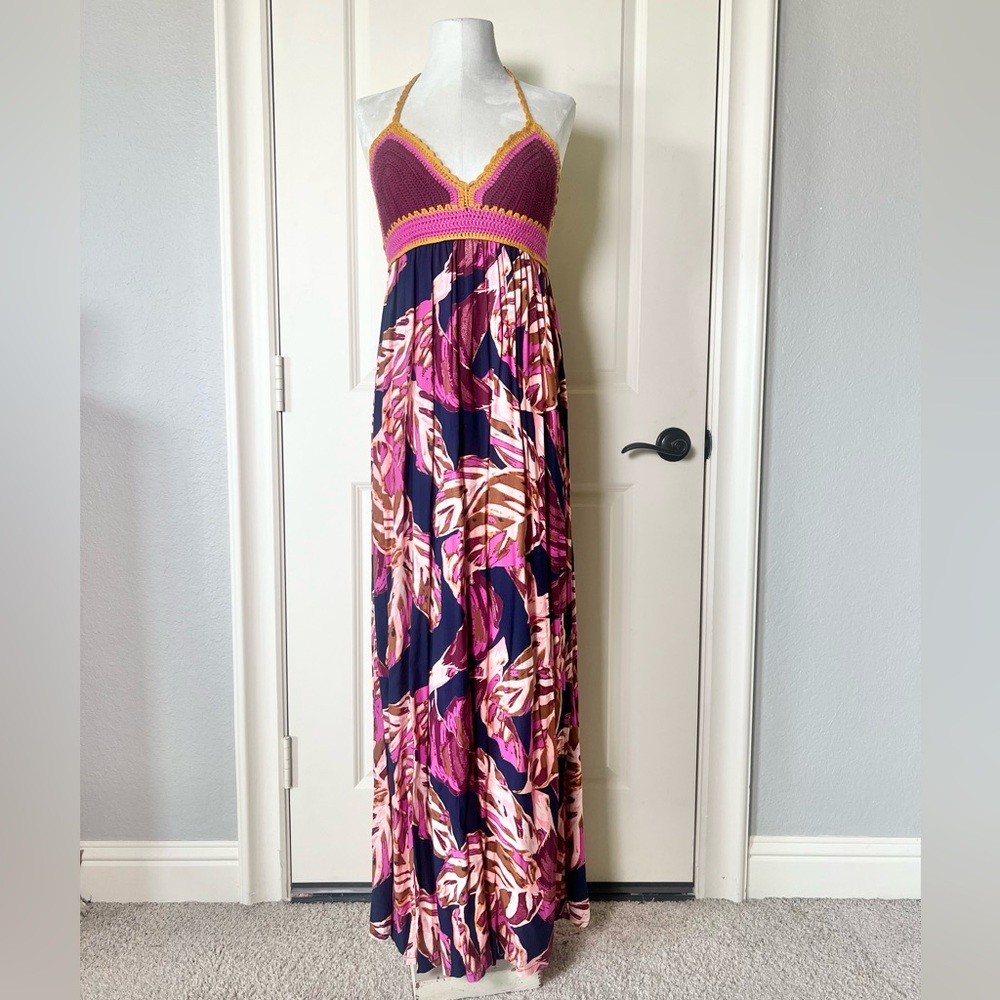 Mossimo Boho Crochet Halter Maxi Dress Tropical Floral Resort Vacation XS
